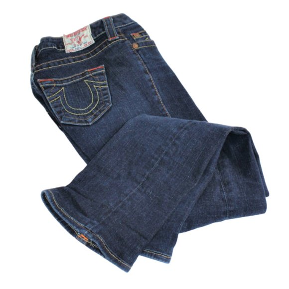 True Religion Johnny Dark Wash Orange & Gold Accent Straight Size 26/30 - Picture 2 of 10